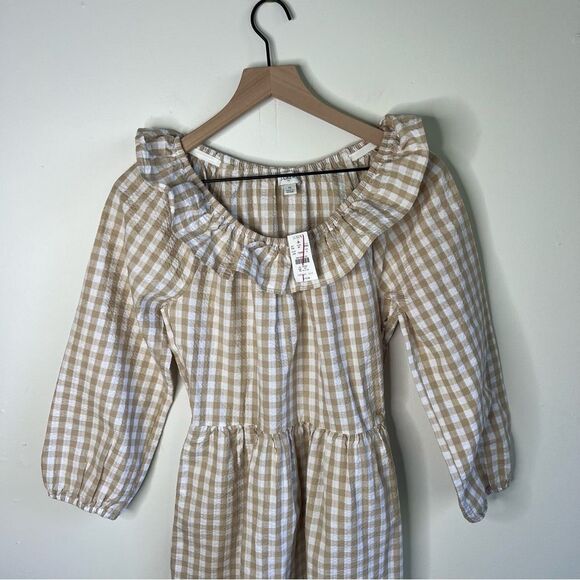 J Crew Seersucker ruffle neck mini dress Tan and White Tiered Gingham size 0 XS - Picture 4 of 12